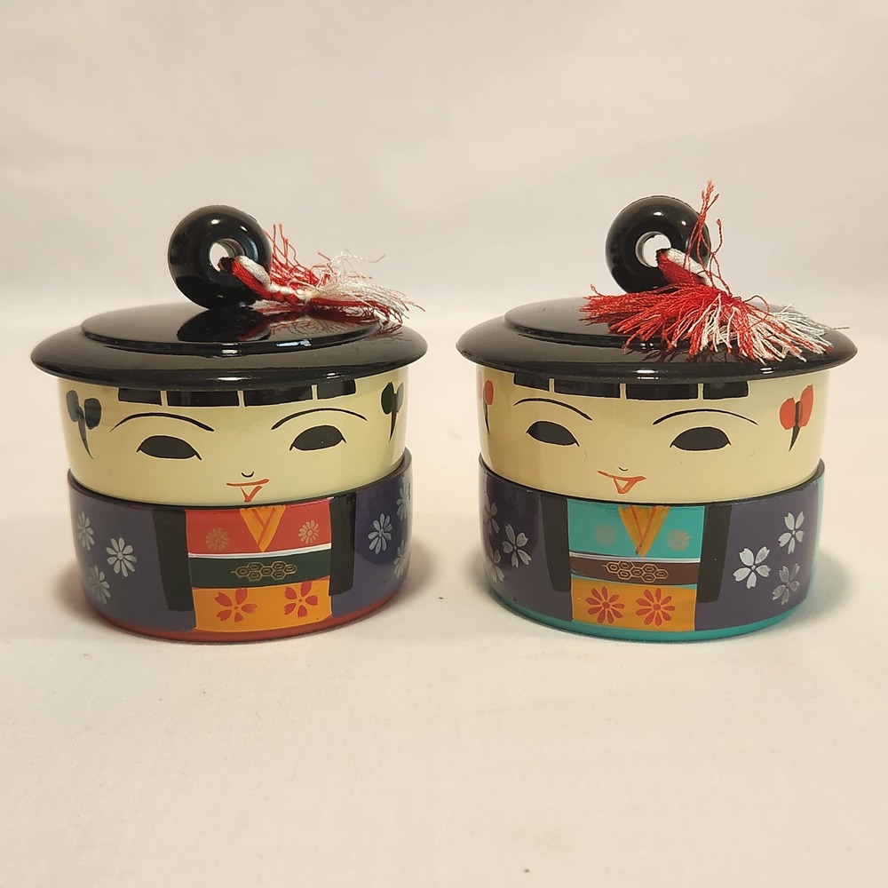 Vintage Yamanaka Japan Kokeshi Doll Lacquerware Nesting Bowls Set of 2 Tasseled